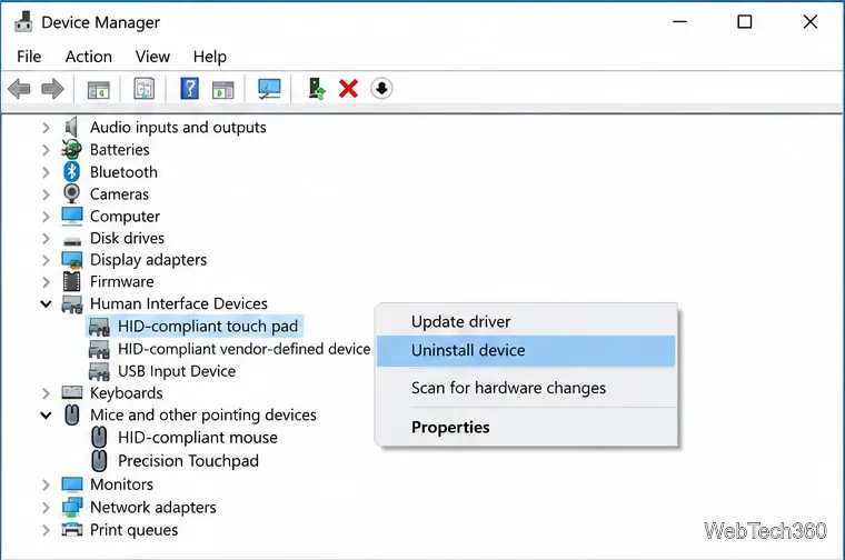 หน้าต่าง Device Manager ของ Windows 10 ที่เลือกทัชแพดที่รองรับ HID และแสดงคำสั่ง Uninstall device