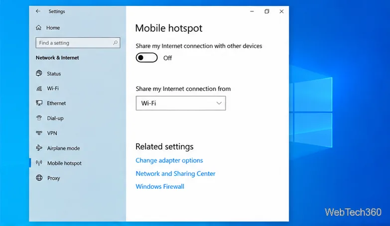 Windows 10 Mobile hotspot settings with Wi-Fi selected as the connection to share and the hotspot toggle off.