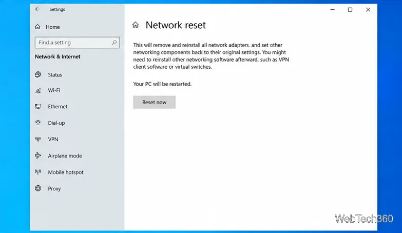 Windows 10 Network reset settings page with its explanation and Reset now button.
