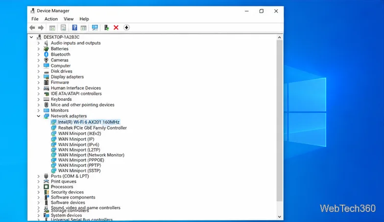 Device Manager with Network adapters expanded and a wireless adapter listed.