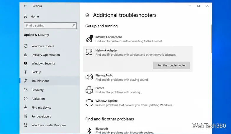 Windows 10 Additional troubleshooters page with Network Adapter selected and its Run the troubleshooter button visible.