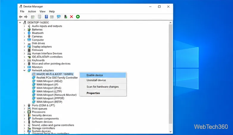Device Manager context menu for a disabled Wi-Fi adapter with Enable device highlighted.