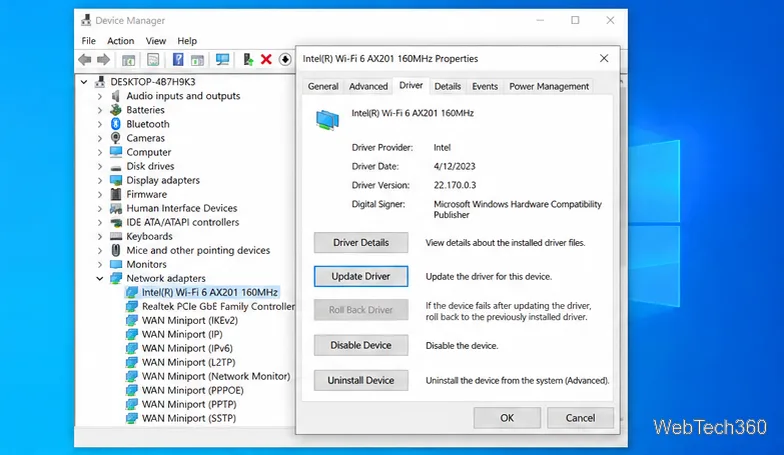 Wireless adapter Properties dialog open to the Driver tab, with Update Driver available and Roll Back Driver disabled.