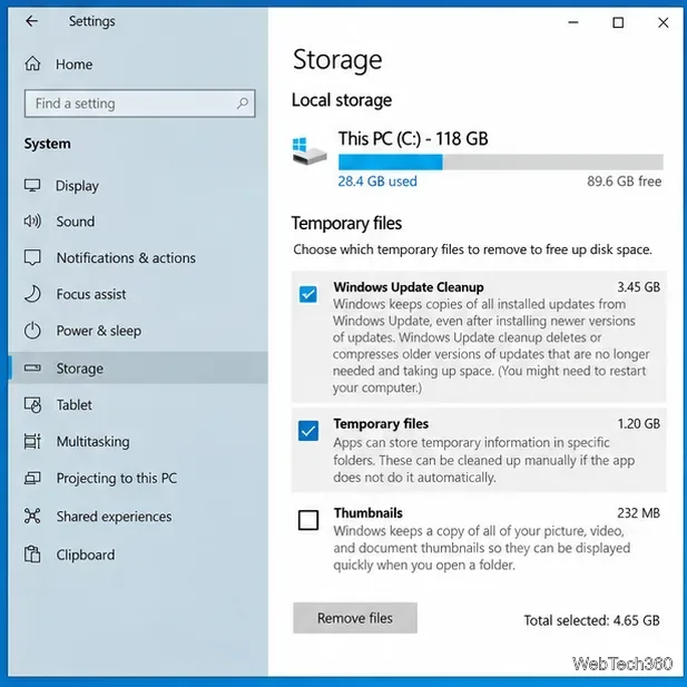 Windows 10のストレージ設定で一時ファイルとWindows Updateのクリーンアップが表示される