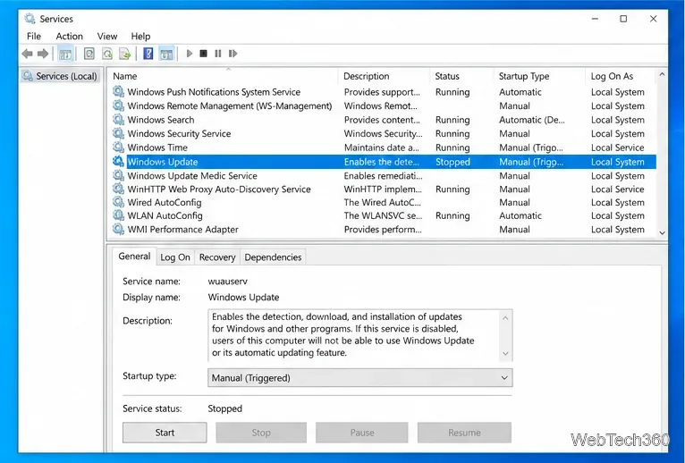 Windows 10 サービス コンソールで Windows Update サービスが選択されています