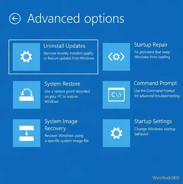 Windows回復環境の詳細オプション画面(更新プログラムのアンインストールとシステムの復元を含む)
