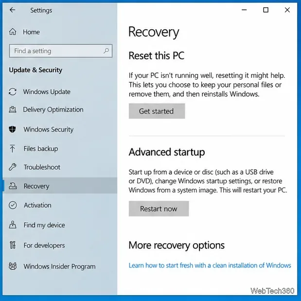Windows 10の回復設定で「このPCをリセット」と「高度なスタートアップ」が表示されます。