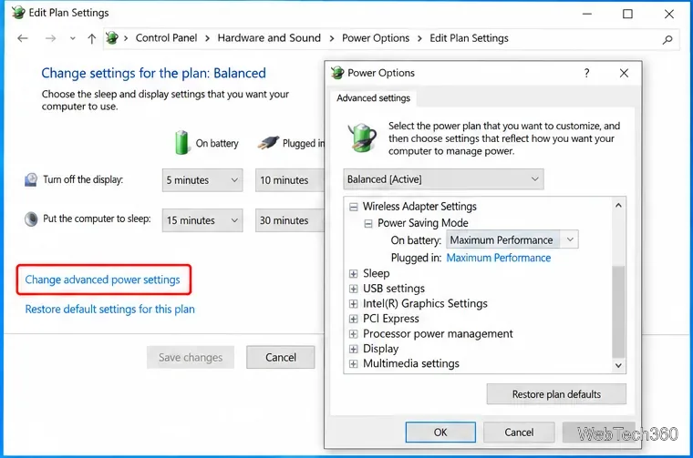 Windows 10 Advanced Power Options showing Wireless Adapter Settings set to Maximum Performance