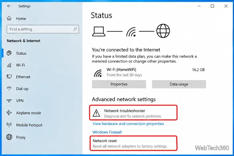 Windows 10 Network and Internet Status page highlighting Network troubleshooter and Network reset