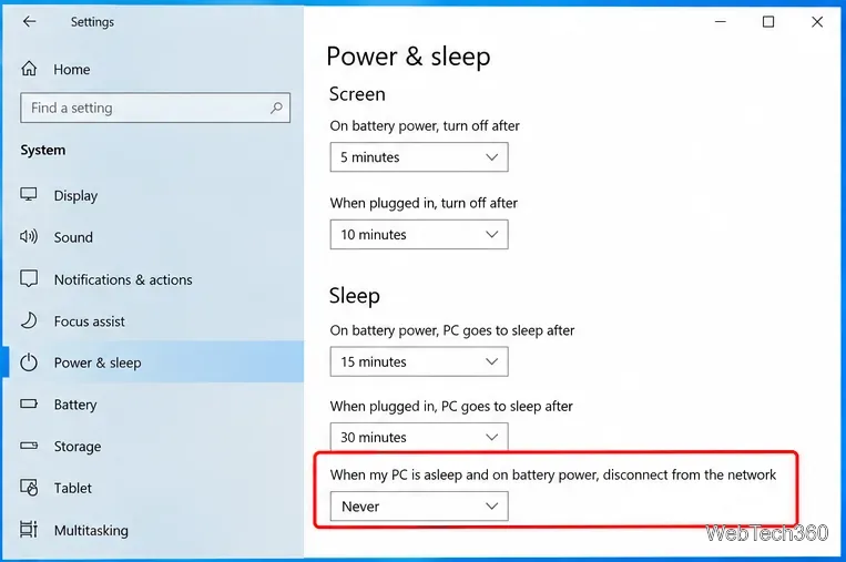 Windows 10 Power and sleep settings showing the option to never disconnect from the network while asleep on battery