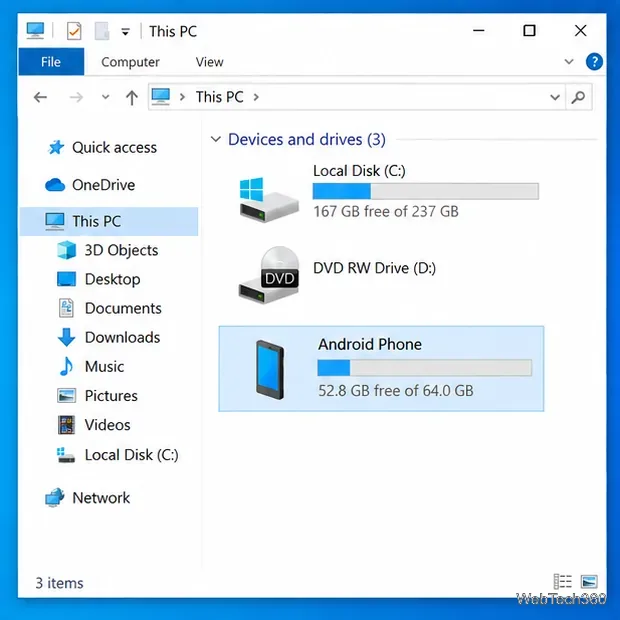 โปรแกรมสำรวจไฟล์ใน Windows 10 มุมมอง "พีซีเครื่องนี้" แสดงโทรศัพท์ Android เป็นอุปกรณ์ที่เชื่อมต่ออยู่