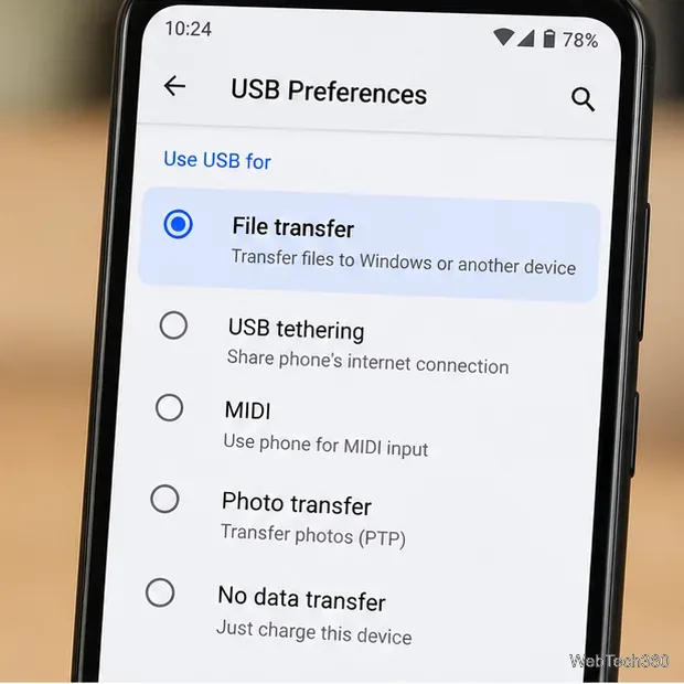 หน้าจอการตั้งค่า USB ของ Android โดยเลือกการถ่ายโอนไฟล์ไว้ในหัวข้อ ใช้ USB สำหรับ