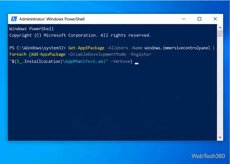 Администратор Windows PowerShell в Windows 10: перерегистрация пакета параметров windows.immersivecontrolpanel