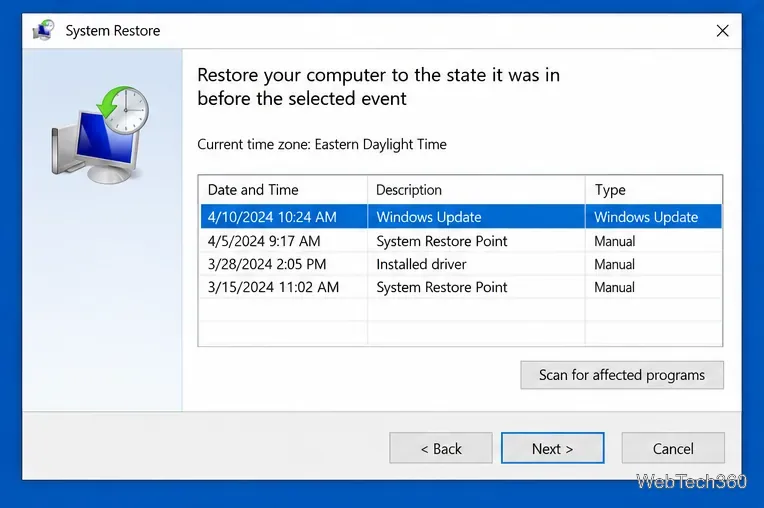 Окно восстановления системы Windows с выбранной точкой восстановления.