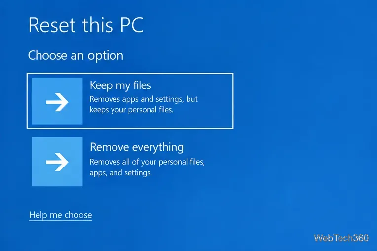 В Windows 10 при сбросе настроек ПК отображается экран с сообщением «Сохранить мои файлы» и «Удалить все».