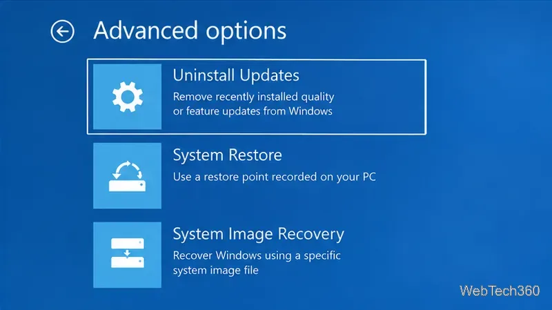 Расширенные параметры среды восстановления Windows, отображающие удаление обновлений и восстановление системы.