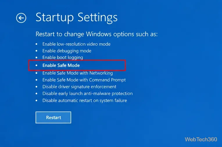 Экран параметров запуска Windows 10 с выделенным пунктом «Включить безопасный режим».