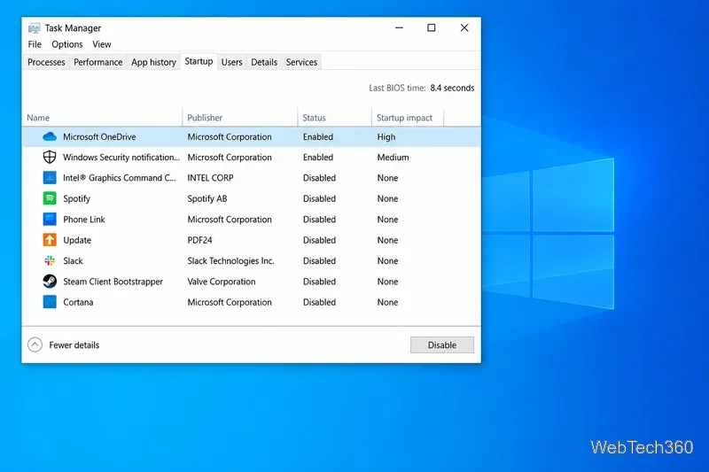 Вкладка «Автозагрузка» в диспетчере задач Windows 10 с выбранным приложением в автозагрузке и возможностью отключения.