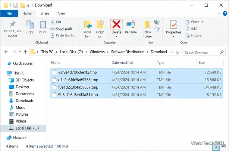 Временные файлы обновления, выбранные в папке SoftwareDistribution\Download, с видимым элементом управления Delete.