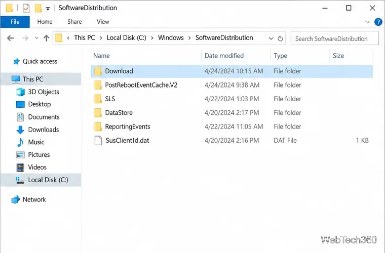Откройте проводник файлов в папке C:\Windows\SoftwareDistribution и выберите папку «Загрузки».