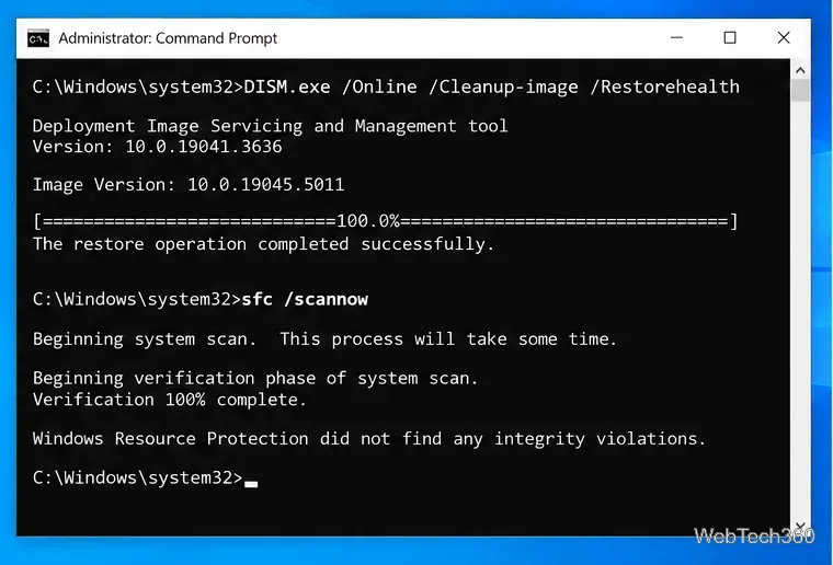 หน้าต่าง Command Prompt ของผู้ดูแลระบบ แสดงผลการซ่อมแซม DISM และการสแกนไฟล์ระบบ SFC ที่เสร็จสมบูรณ์