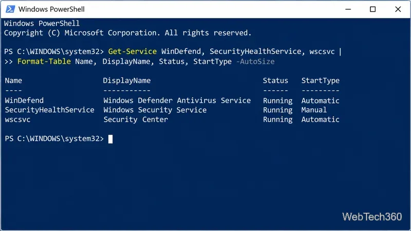 Windows PowerShell แสดงสถานะบริการของ Microsoft Defender, Windows Security และ Security Center