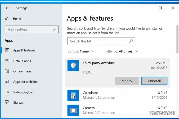 หน้าแอปและคุณสมบัติของ Windows 10 แสดงแอปพลิเคชันป้องกันไวรัสที่ถูกเลือกเพื่อถอนการติดตั้ง