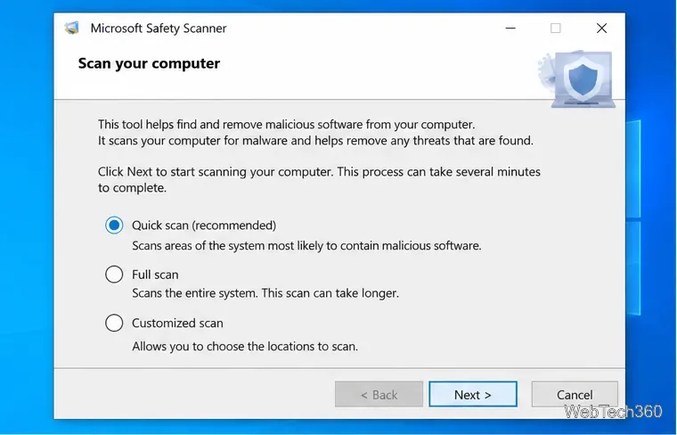 หน้าต่างโปรแกรมสแกนความปลอดภัย Microsoft พร้อมตัวเลือกการสแกนแบบเร็ว