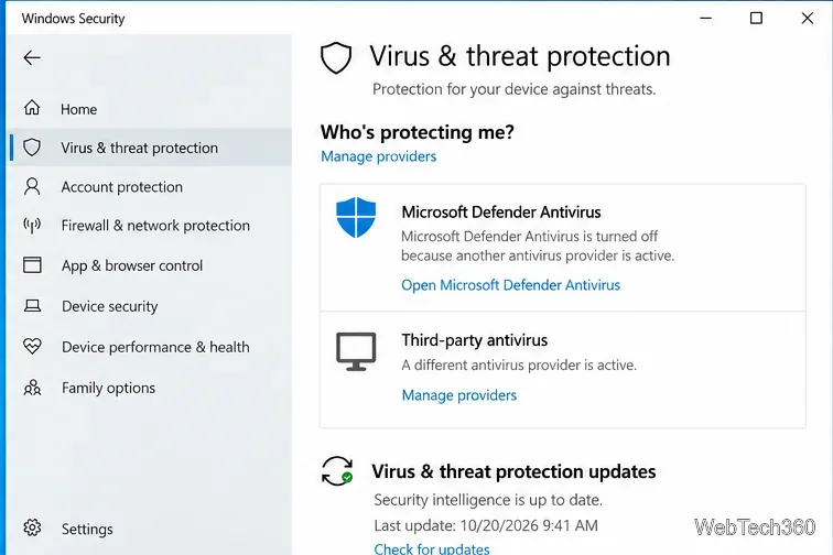 ในส่วนจัดการความปลอดภัยของ Windows จะแสดงมุมมองของ Microsoft Defender และผู้ให้บริการโปรแกรมป้องกันไวรัสจากบริษัทอื่น