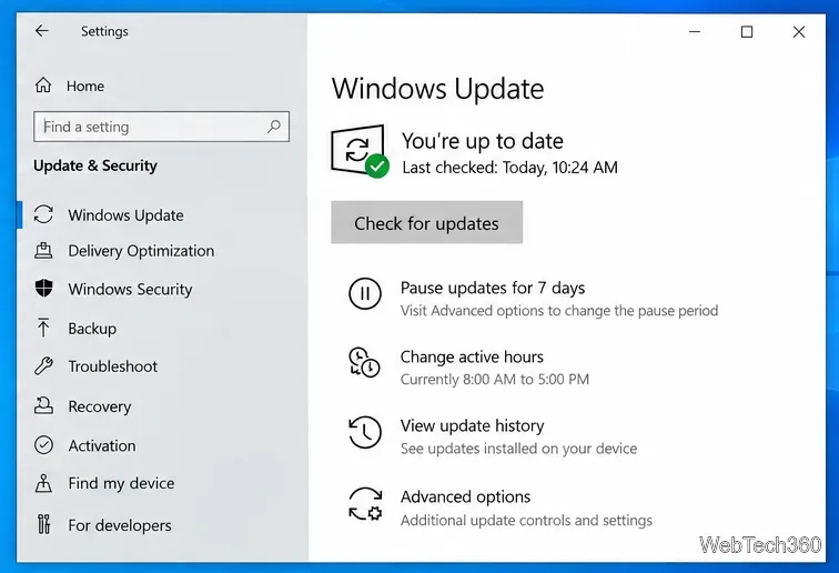 หน้าอัปเดต Windows 10 พร้อมปุ่มตรวจสอบการอัปเดต