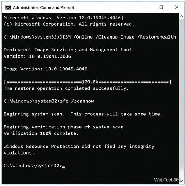 Administrator Command Prompt running DISM and System File Checker.