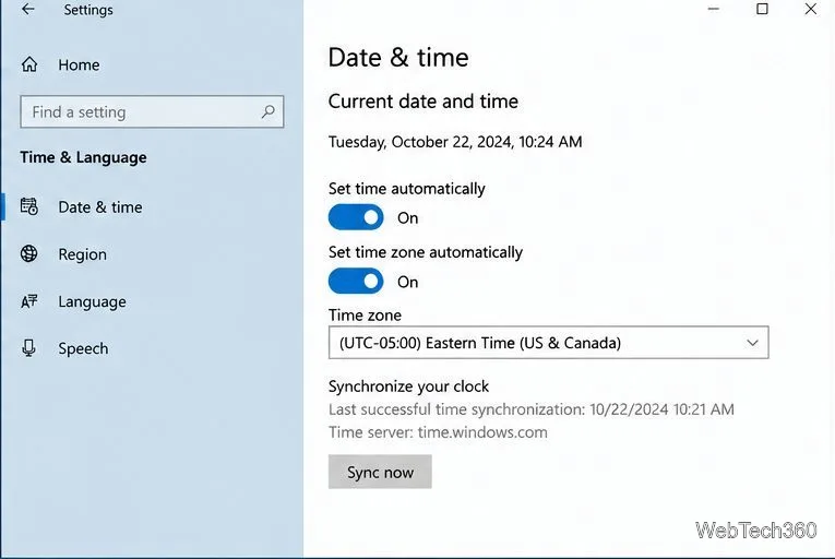 Windows Date & time settings with automatic time enabled.
