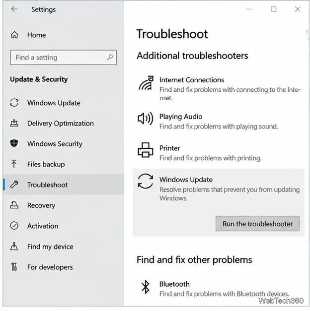Windows 10 Troubleshoot settings with Windows Update selected.