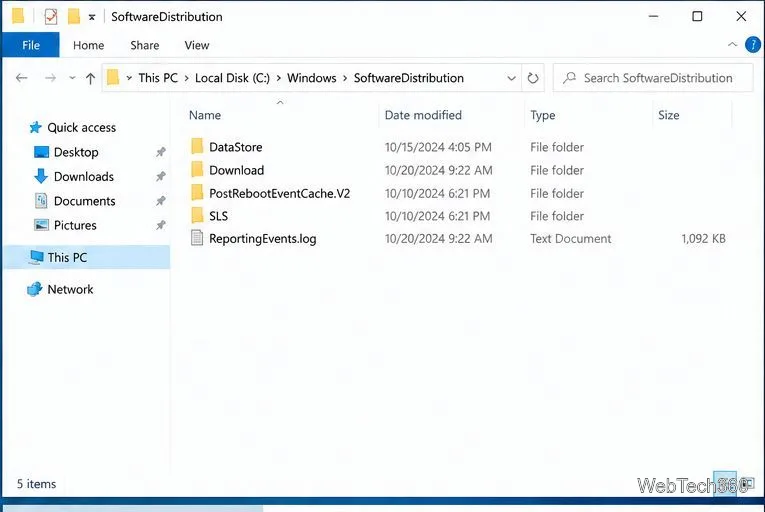 File Explorer open to the SoftwareDistribution update cache.