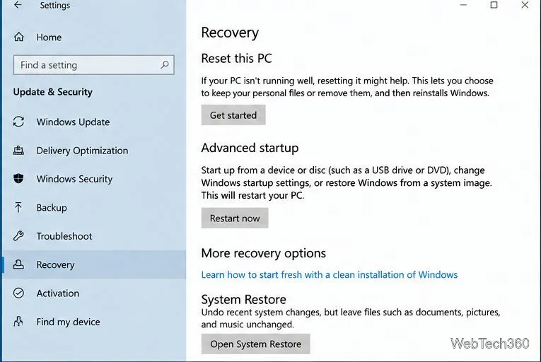Windows Recovery settings showing System Restore and Reset this PC.