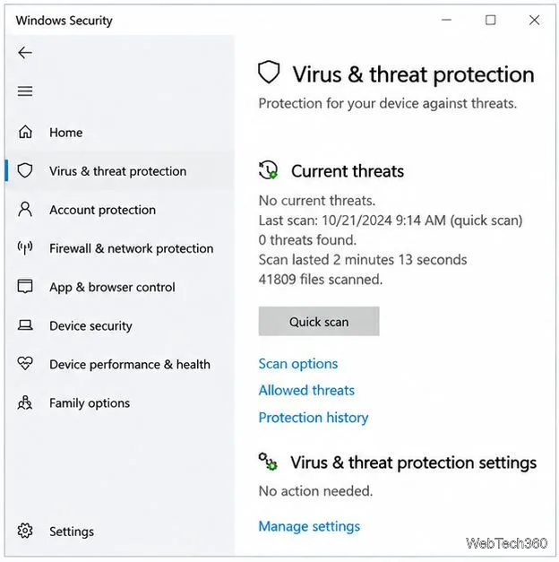 Windows Security Virus & threat protection page.