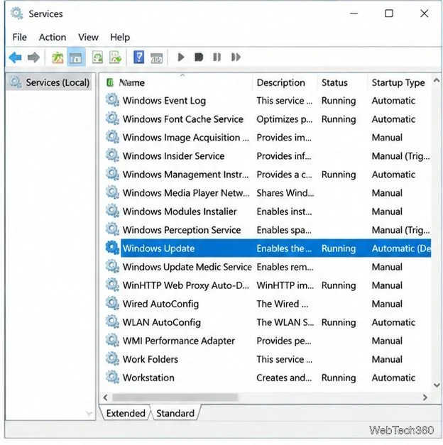 The Services console with the Windows Update service highlighted.