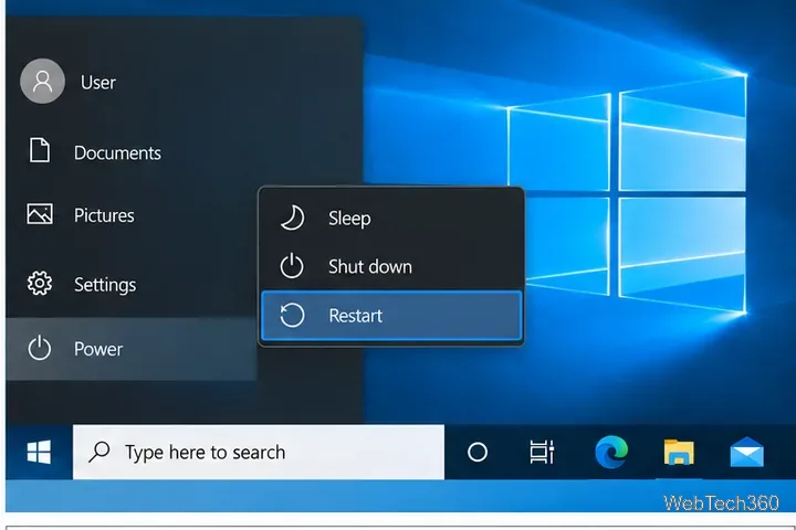 Меню «Пуск» Windows 10 с выделенной опцией «Перезагрузить питание».