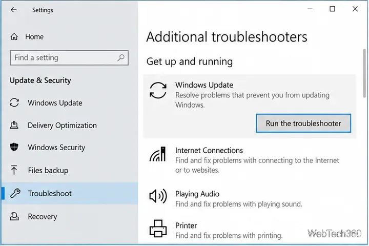 Страница дополнительных средств устранения неполадок Windows 10 с выбранным Центром обновления Windows.