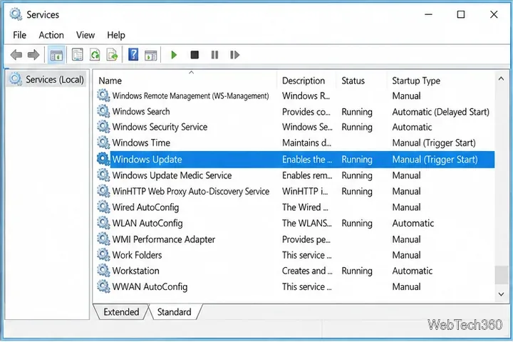Консоль служб Windows 10 с выбранной службой обновления Windows.
