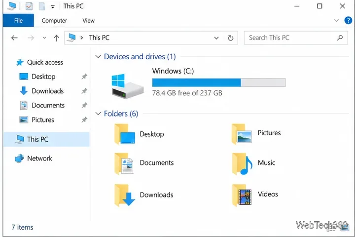 Проводник Windows 10. На этом экране компьютера отображается свободное место на диске C под управлением Windows.