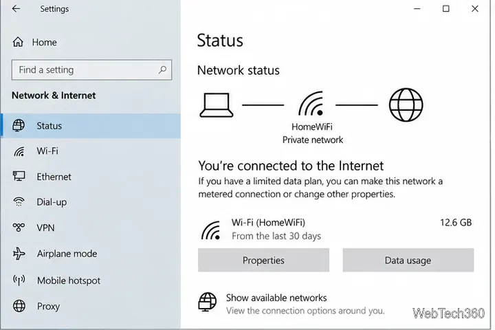 На странице состояния сети и интернета Windows 10 отображается активное Wi-Fi-соединение.