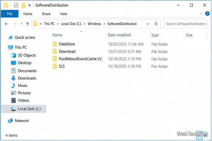 Откройте проводник Windows 10 в папке C (Windows SoftwareDistribution).