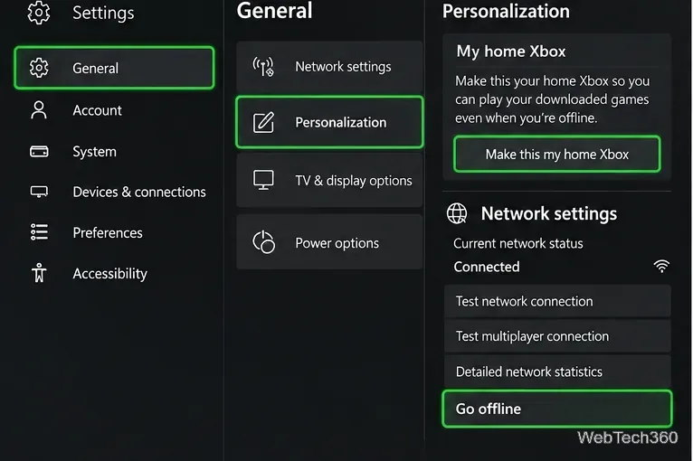Écran de personnalisation Xbox pour Ma Xbox principale à côté des paramètres réseau avec l'option « Se déconnecter » sélectionnée.