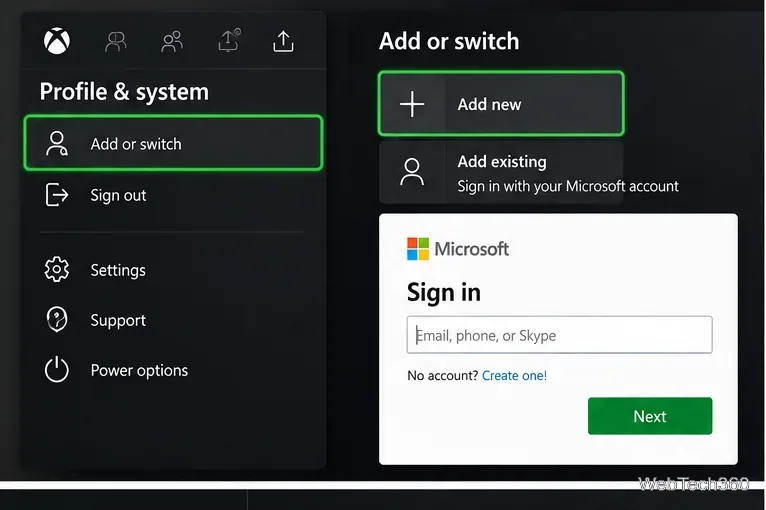 Profil Xbox et menu système affichant « Ajouter » et un formulaire de connexion à un compte Microsoft