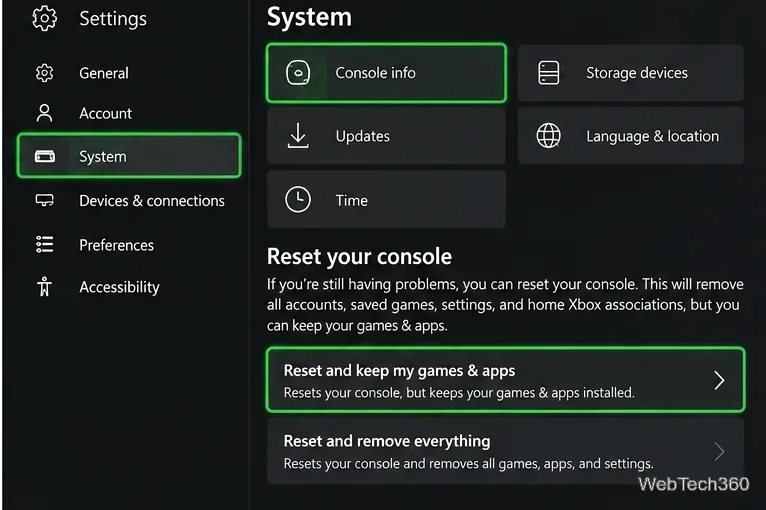 Écran d'informations de la console Xbox affichant « Réinitialiser et conserver mes jeux et applications »