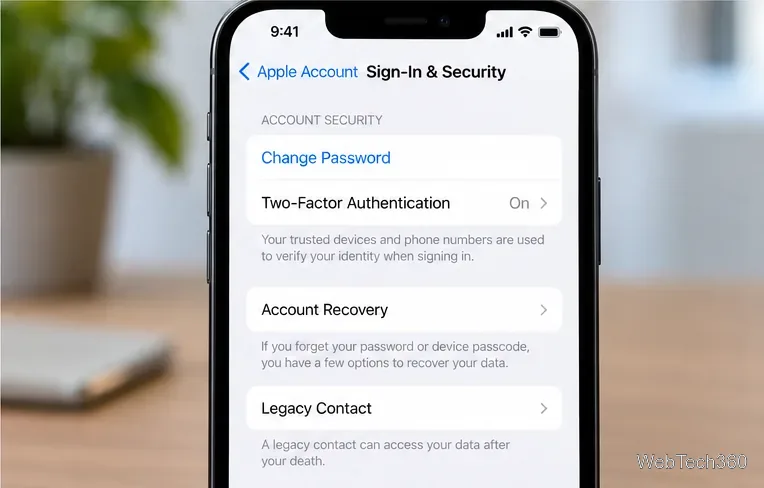 iPhone Sign-In and Security settings showing Change Password and Two-Factor Authentication options