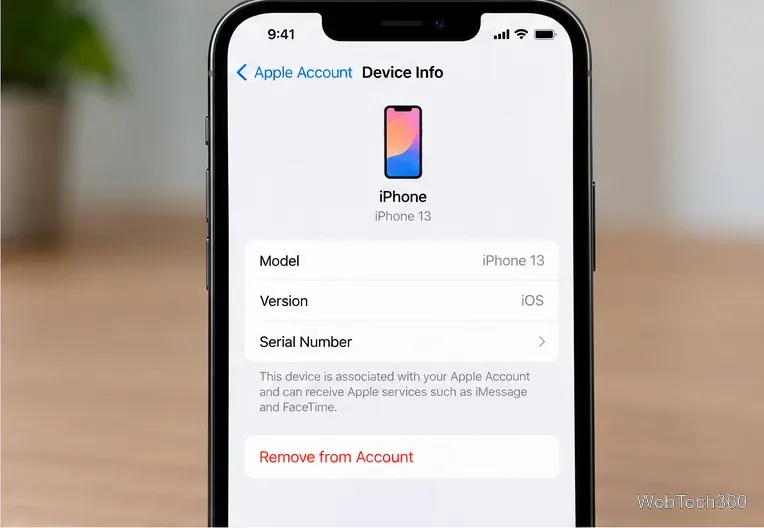 Apple Account device details screen with the Remove from Account option highlighted near the bottom