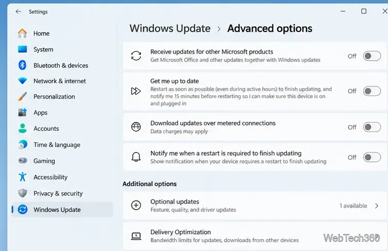 Configuración de Windows 11 Página de opciones avanzadas de Windows Update con la lista de actualizaciones opcionales