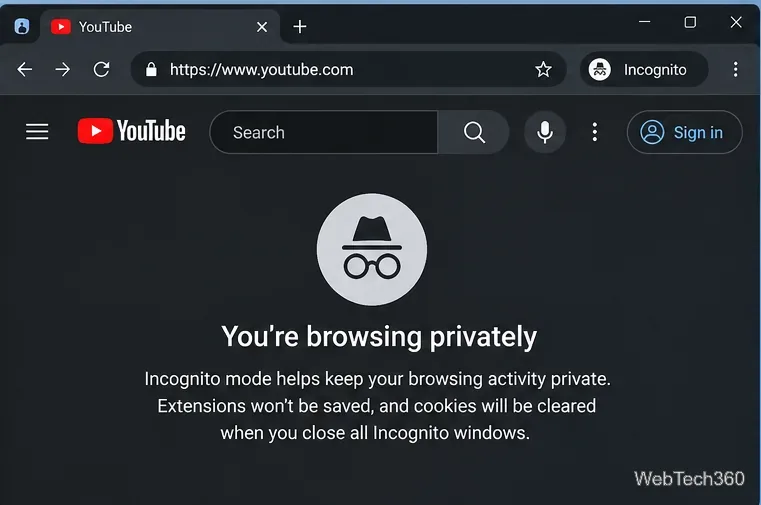Ventana de navegación privada de Chrome con YouTube abierto en la barra de direcciones
